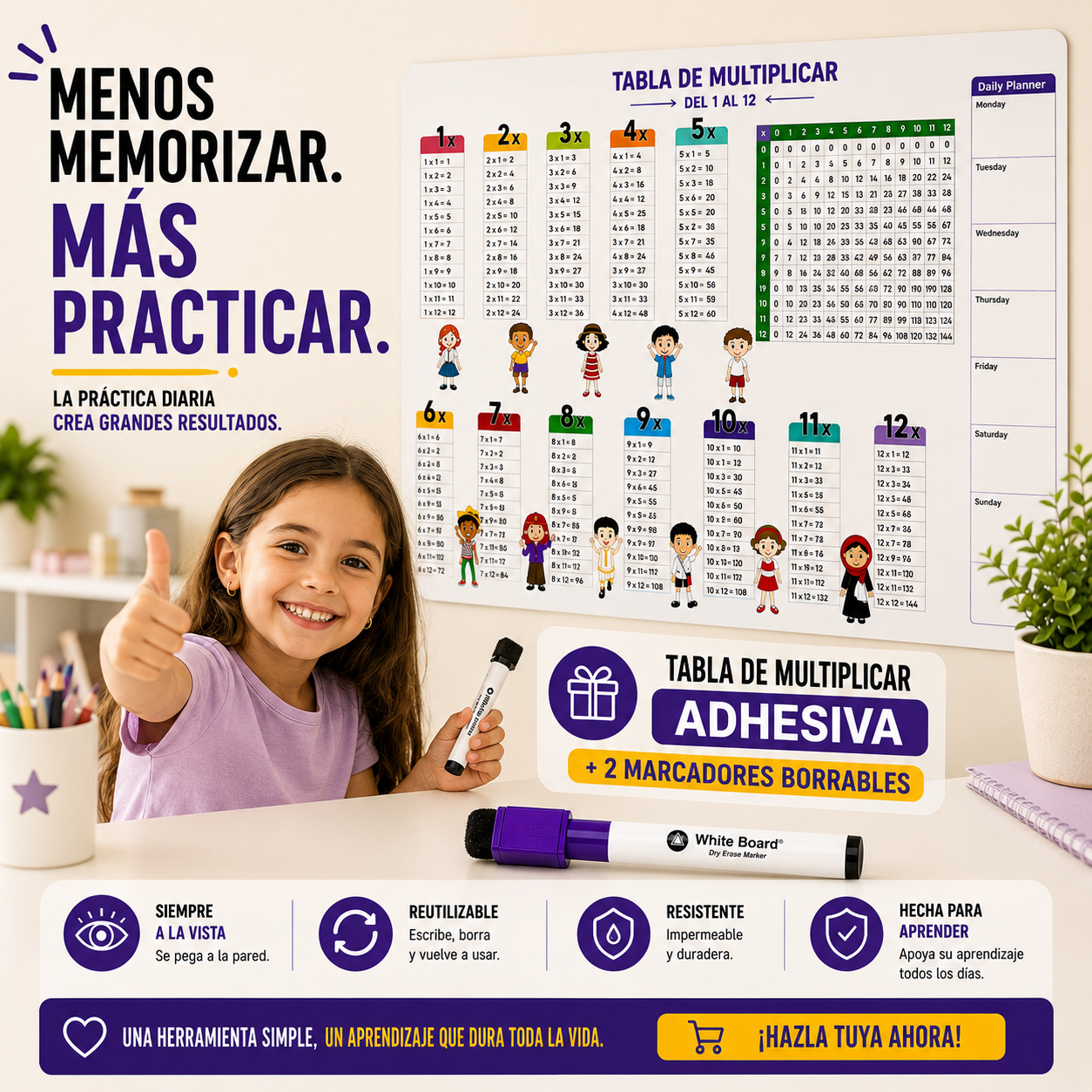 Tabla de Multiplicar Adhesiva + 2 Marcadores
