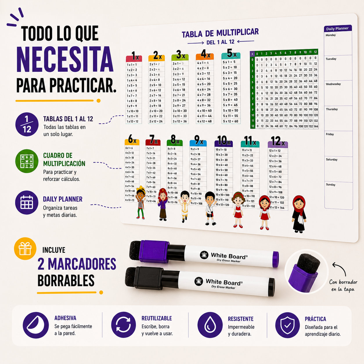 Tabla de Multiplicar Adhesiva + 2 Marcadores