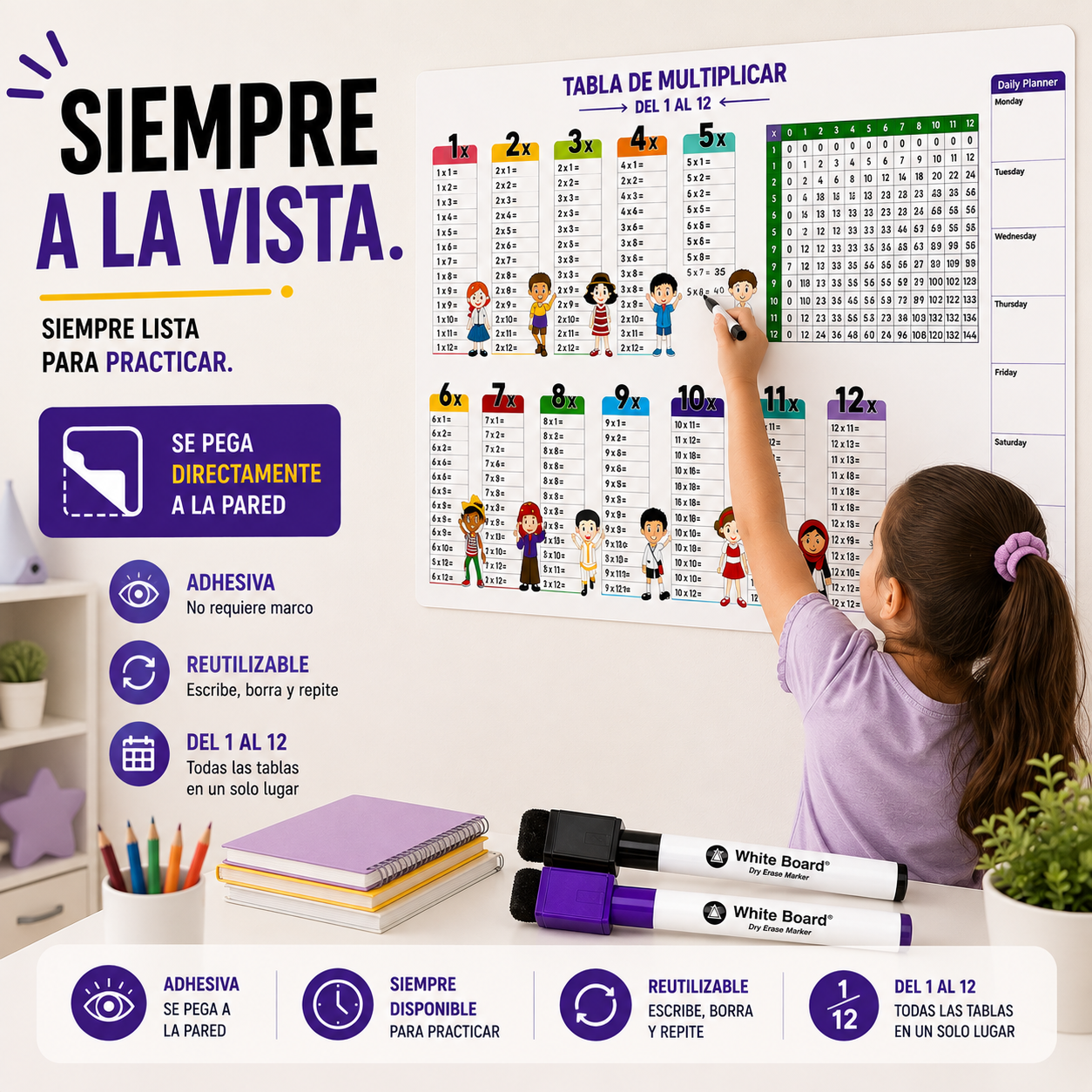 Tabla de Multiplicar Adhesiva + 2 Marcadores