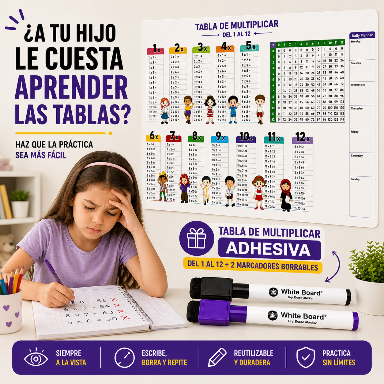 Tabla de Multiplicar Adhesiva + 2 Marcadores