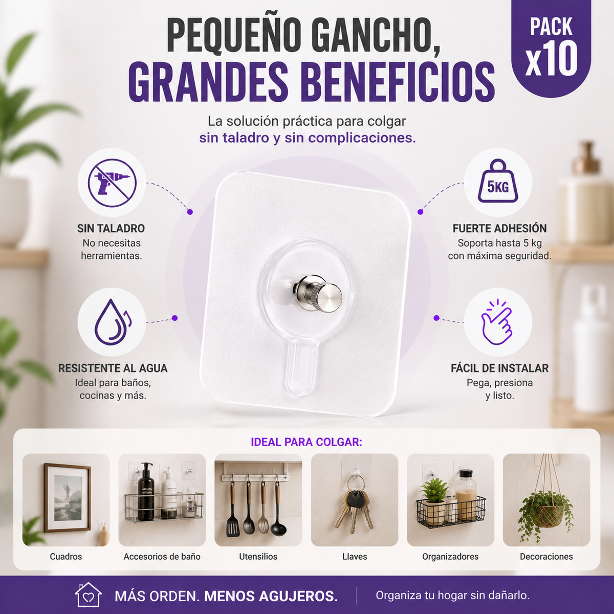 Pack x10 Tornillos Adhesivos para Pared