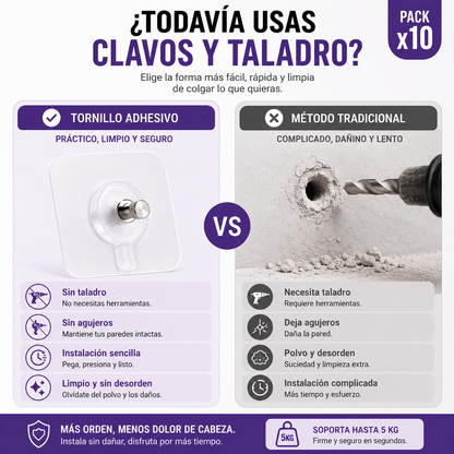 Pack x10 Tornillos Adhesivos para Pared