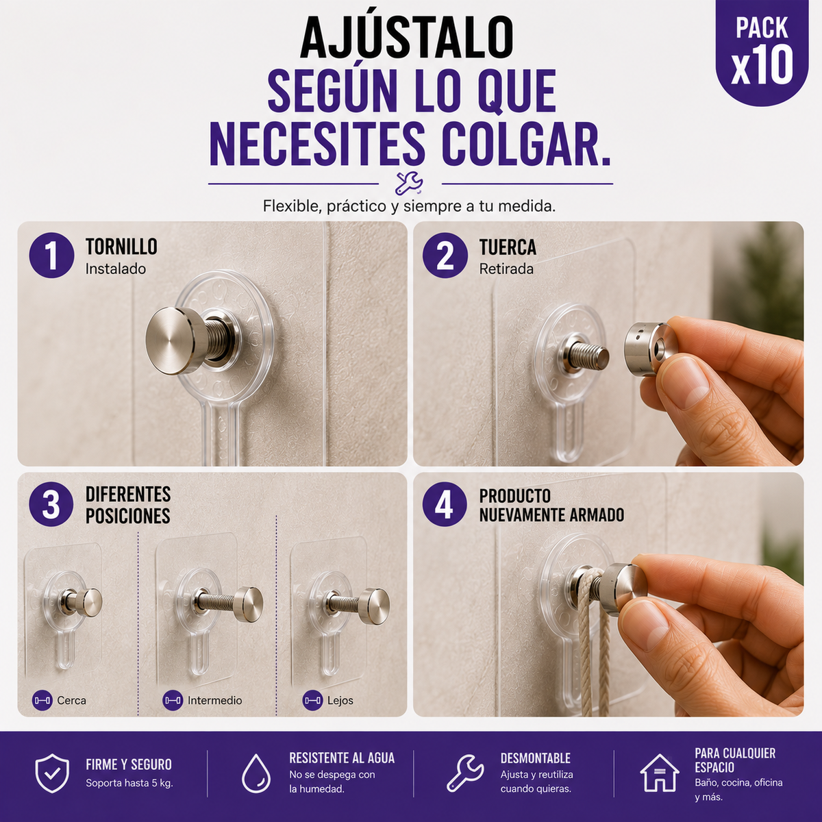 Pack x10 Tornillos Adhesivos para Pared