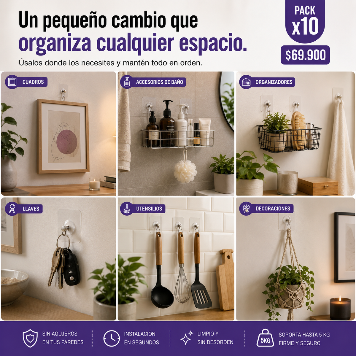 Pack x10 Tornillos Adhesivos para Pared