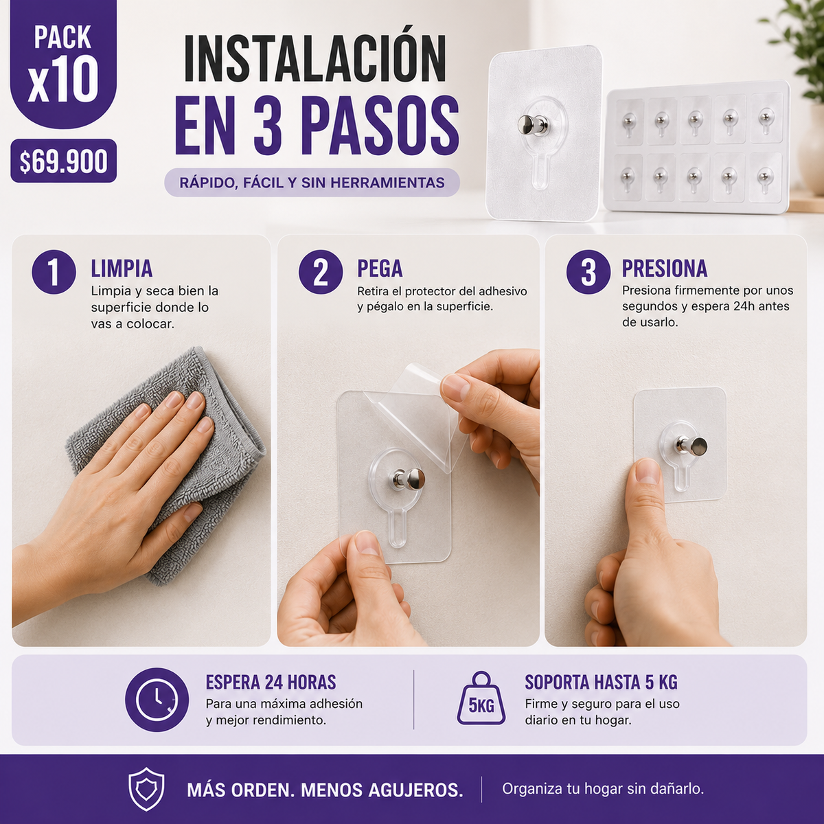 Pack x10 Tornillos Adhesivos para Pared